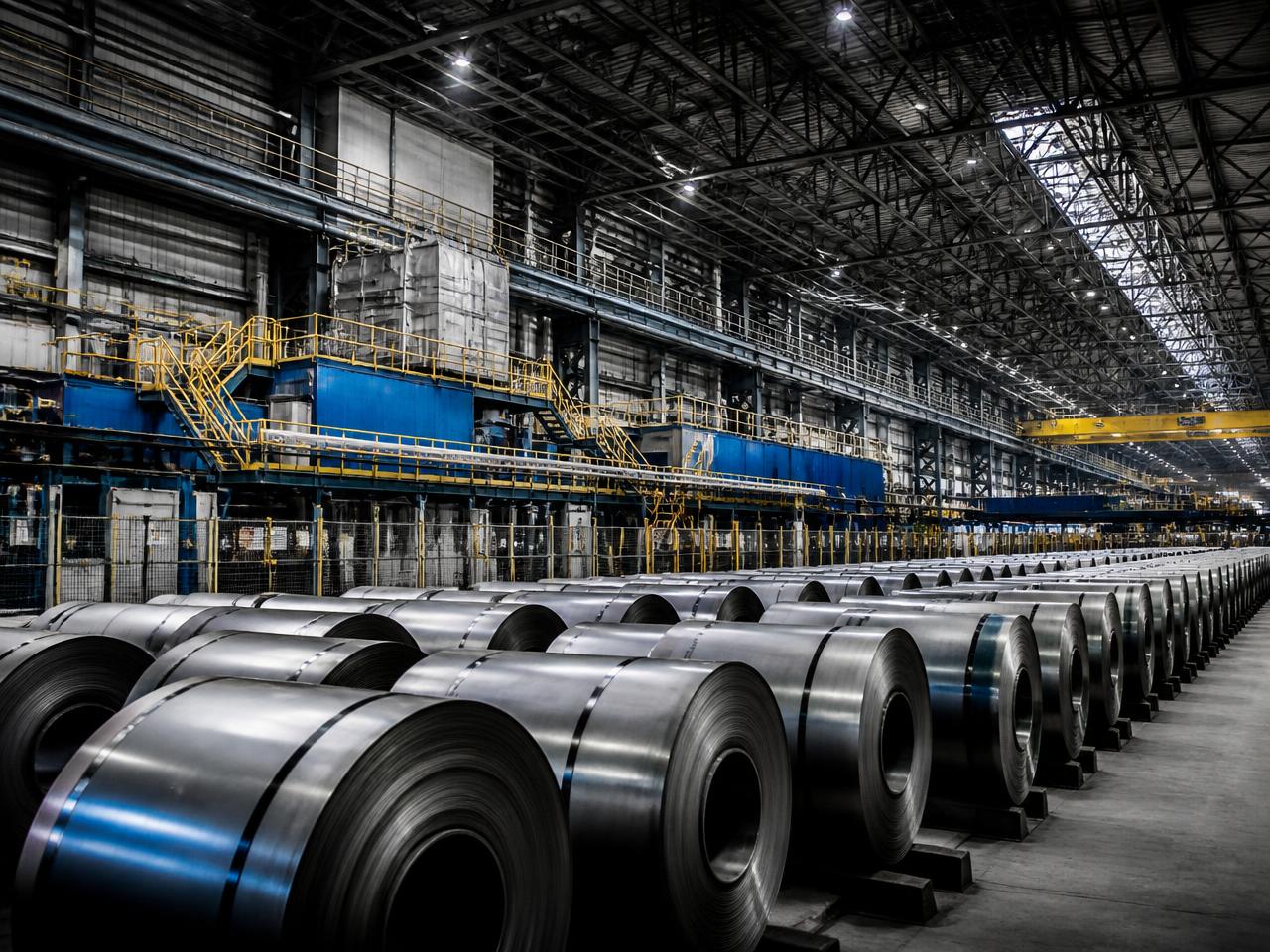 Industrijska proizvodnja čelika ili aluminijuma u velikom pogonu, redovi metalnih rolni i mašina
